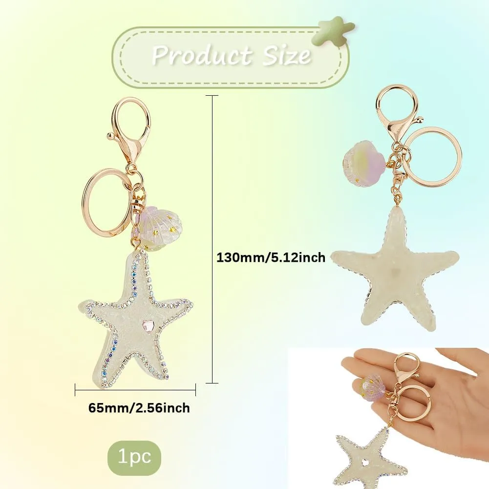 1 Box 1Pc Sea of Stars Keychain Starfish Keychains Beach Small White Cute Acrylic Alloy Sparkling Shell Plastic Peal Keyring Mother's Day Crystal Key Chains for Car Keys Handbags Purse Decor