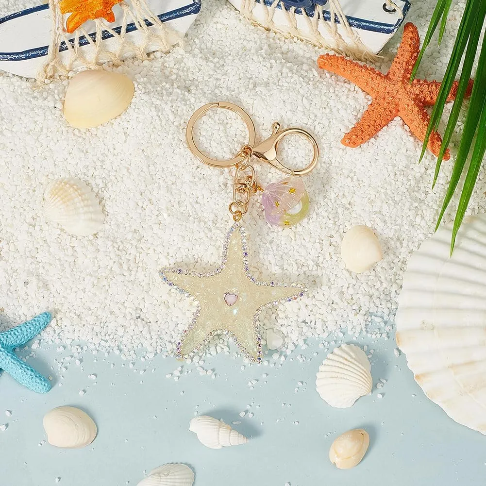 1 Box 1Pc Sea of Stars Keychain Starfish Keychains Beach Small White Cute Acrylic Alloy Sparkling Shell Plastic Peal Keyring Mother's Day Crystal Key Chains for Car Keys Handbags Purse Decor