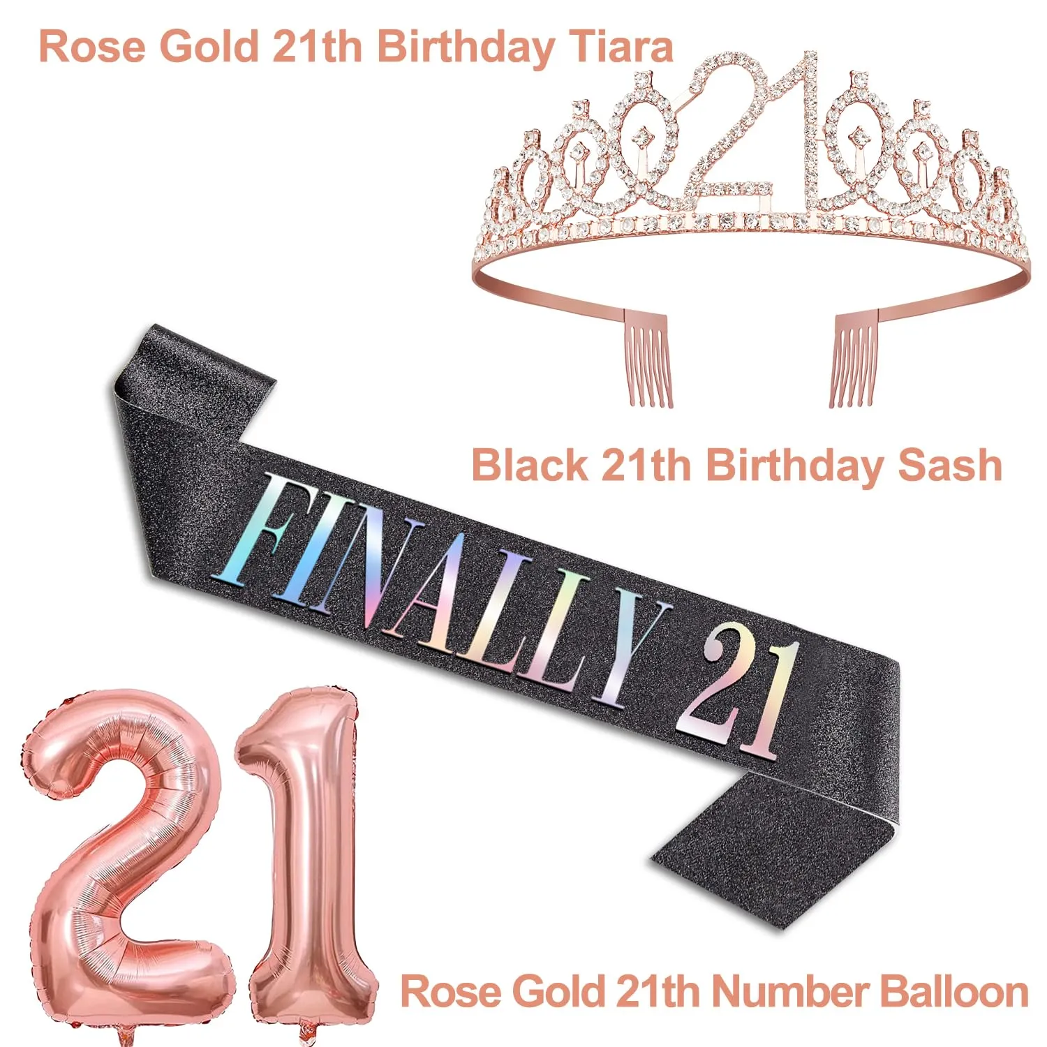 21st Birthday Decorations For Her Black Rose Gold Include Glittery Black Finally 21 Birthday Sash and Tiara Rose Gold, 21 Birthday Cake Topper, Number 21 Birthday Candles, Rose Gold 21 Balloons