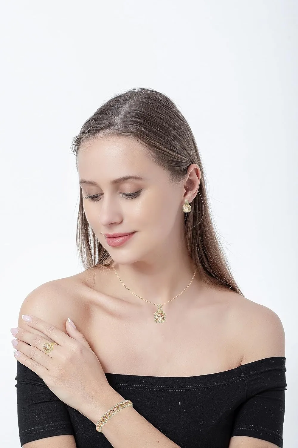 4pcs Cubic Zirconia Wedding Jewelry Sets for Bride Bridesmaid Cubic Zirconia Pendant Necklace Earrings Link Tennis Bracelet Open Ring Set for Women