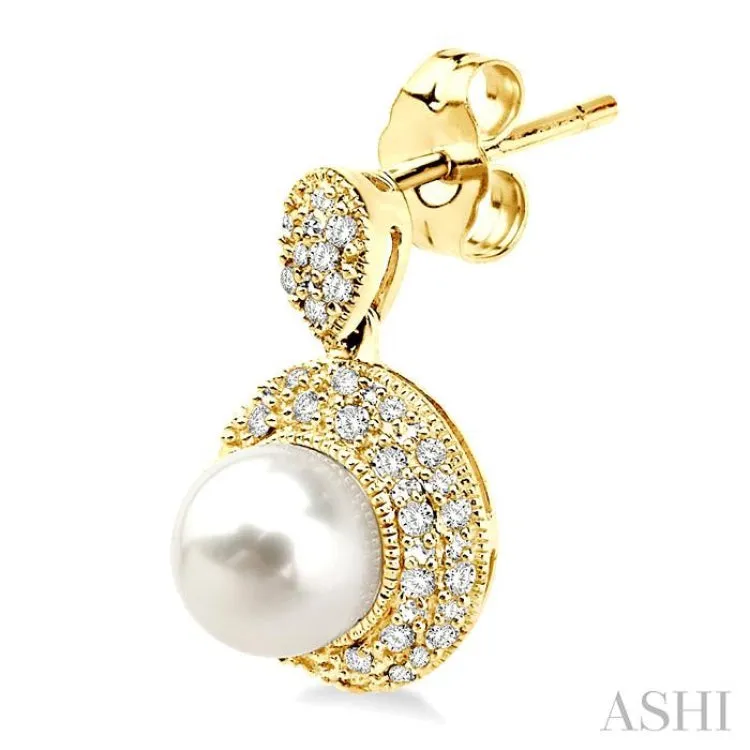 6x6mm Cultured Pearl and 1/3 Ctw Single Cut Diamond Earrings in 14K Yellow Gold