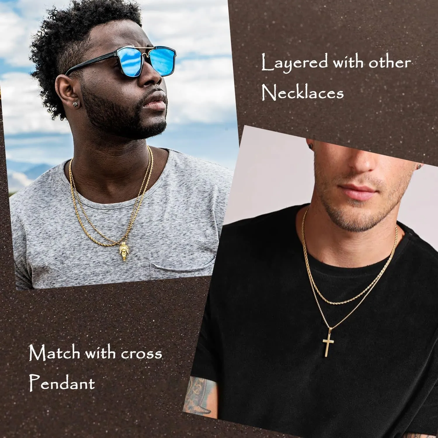 7 Pcs Mens Stainless Steel 18K Gold Plated Chain Necklace Jewelry Set for Men, 6 Chains and 1 Cross Pendant
