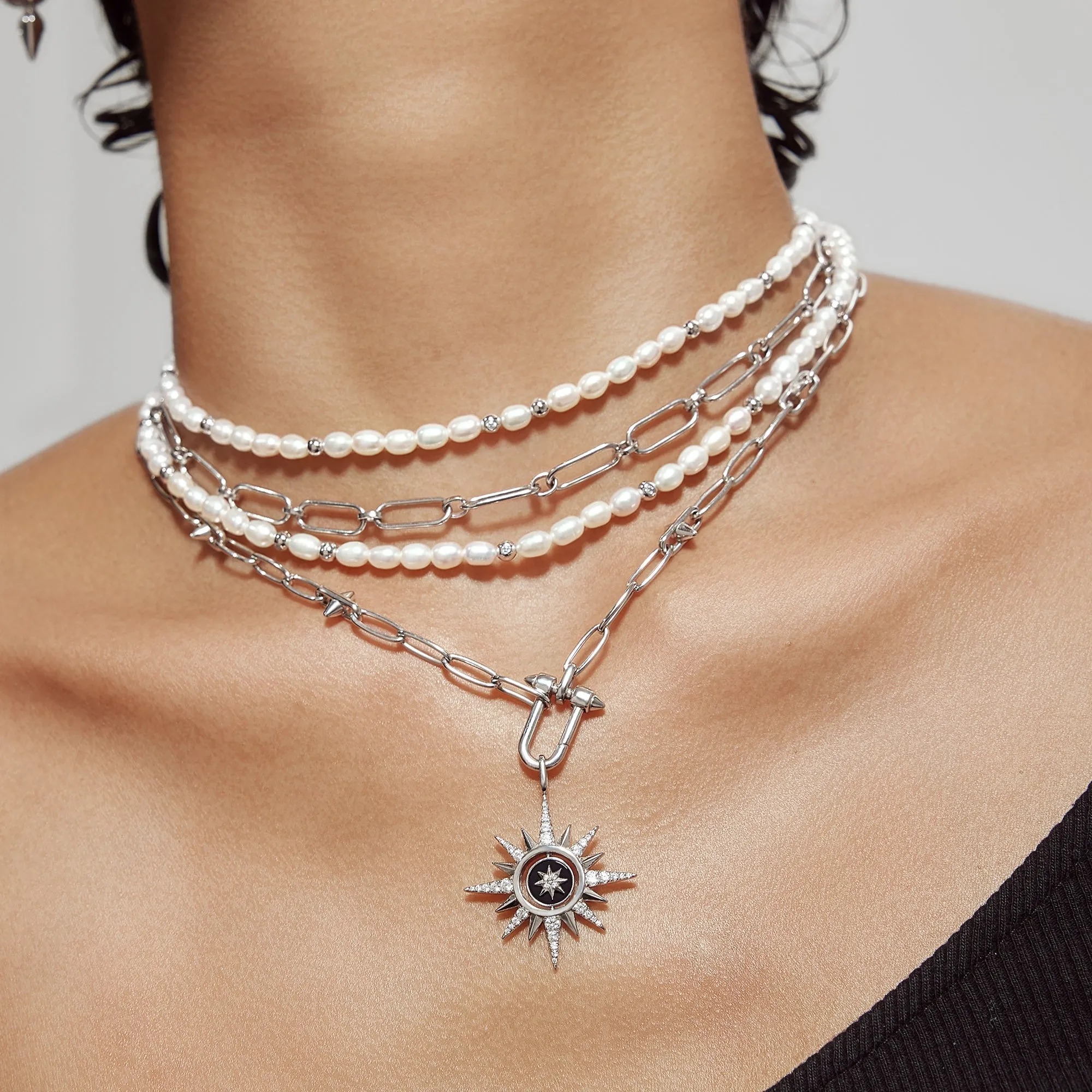 Ania Haie Silver Freshwater Pearl White Cubic Zirconia Bezel Set Slider Necklace N058-06H