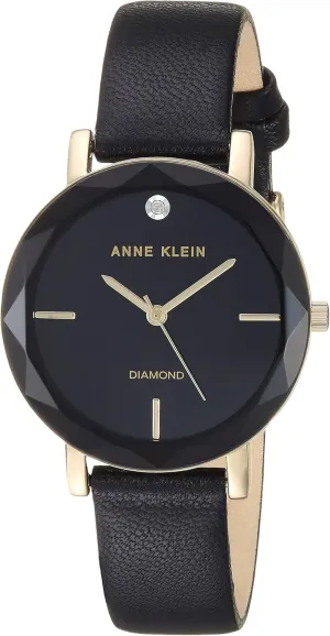 Anne Klein Women's Genuine Diamond Dial Gold-Tone and Black Leather Strap Watch, One Size