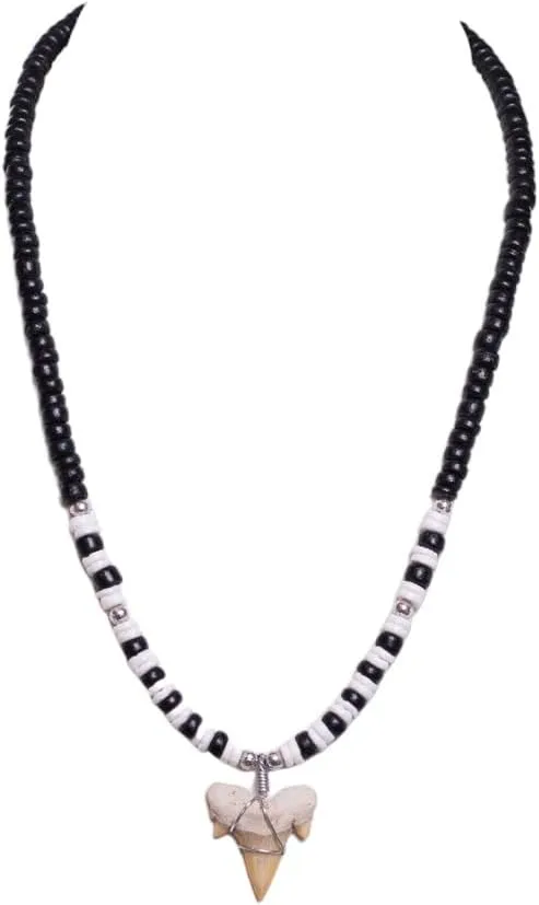 BlueRica Fossil Shark Tooth on Coconut Shell Beads Necklace (18" 2S)