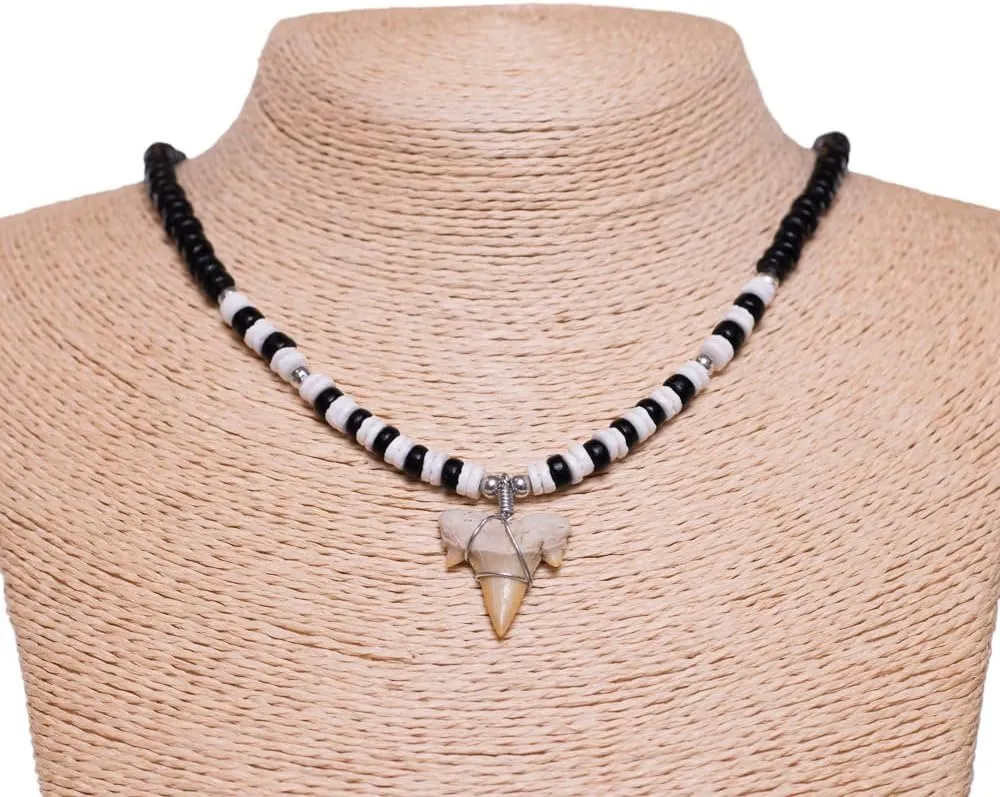 BlueRica Fossil Shark Tooth on Coconut Shell Beads Necklace (18" 2S)