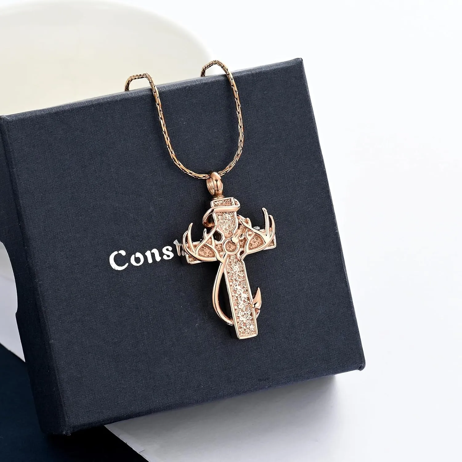 constantlife Cross Urn Necklace for Ashes for Women Men Fish Hook Memorial Pendant Deer Antler Cremation Jewelry Human Pet Ashes Holder Keepsake