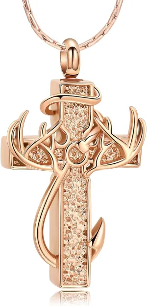 constantlife Cross Urn Necklace for Ashes for Women Men Fish Hook Memorial Pendant Deer Antler Cremation Jewelry Human Pet Ashes Holder Keepsake