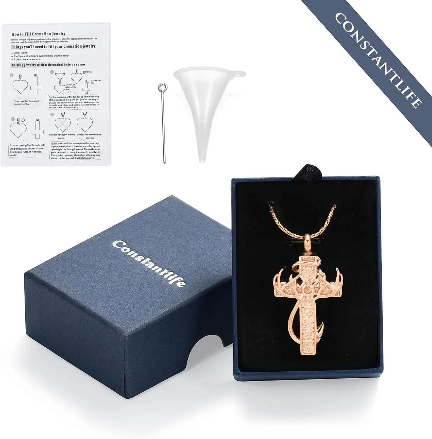 constantlife Cross Urn Necklace for Ashes for Women Men Fish Hook Memorial Pendant Deer Antler Cremation Jewelry Human Pet Ashes Holder Keepsake