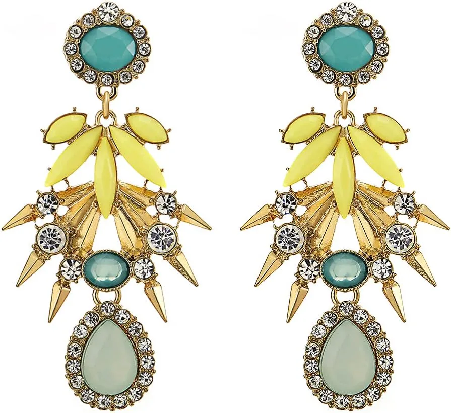 COOLSTEELANDBEYOND Bohemian Statement Earrings Colorful Gem Stone Rhinestone Cluster Chandelier Flower Petal Long Drop