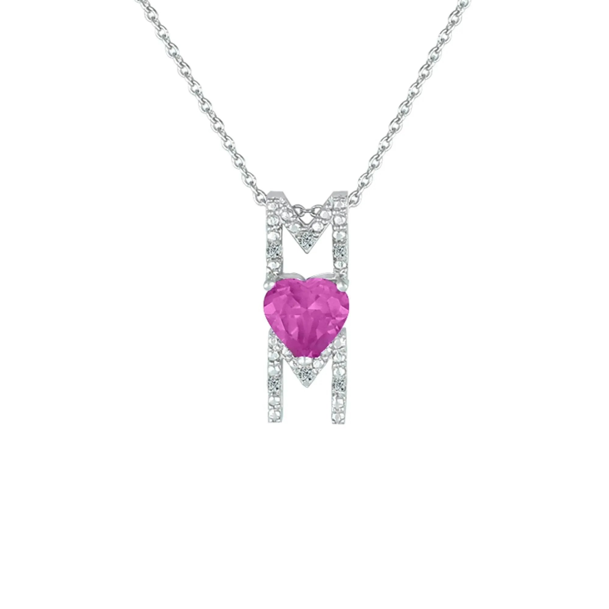 Created Pink Sapphire and Diamond Accent 'Mom' Pendant in Silver