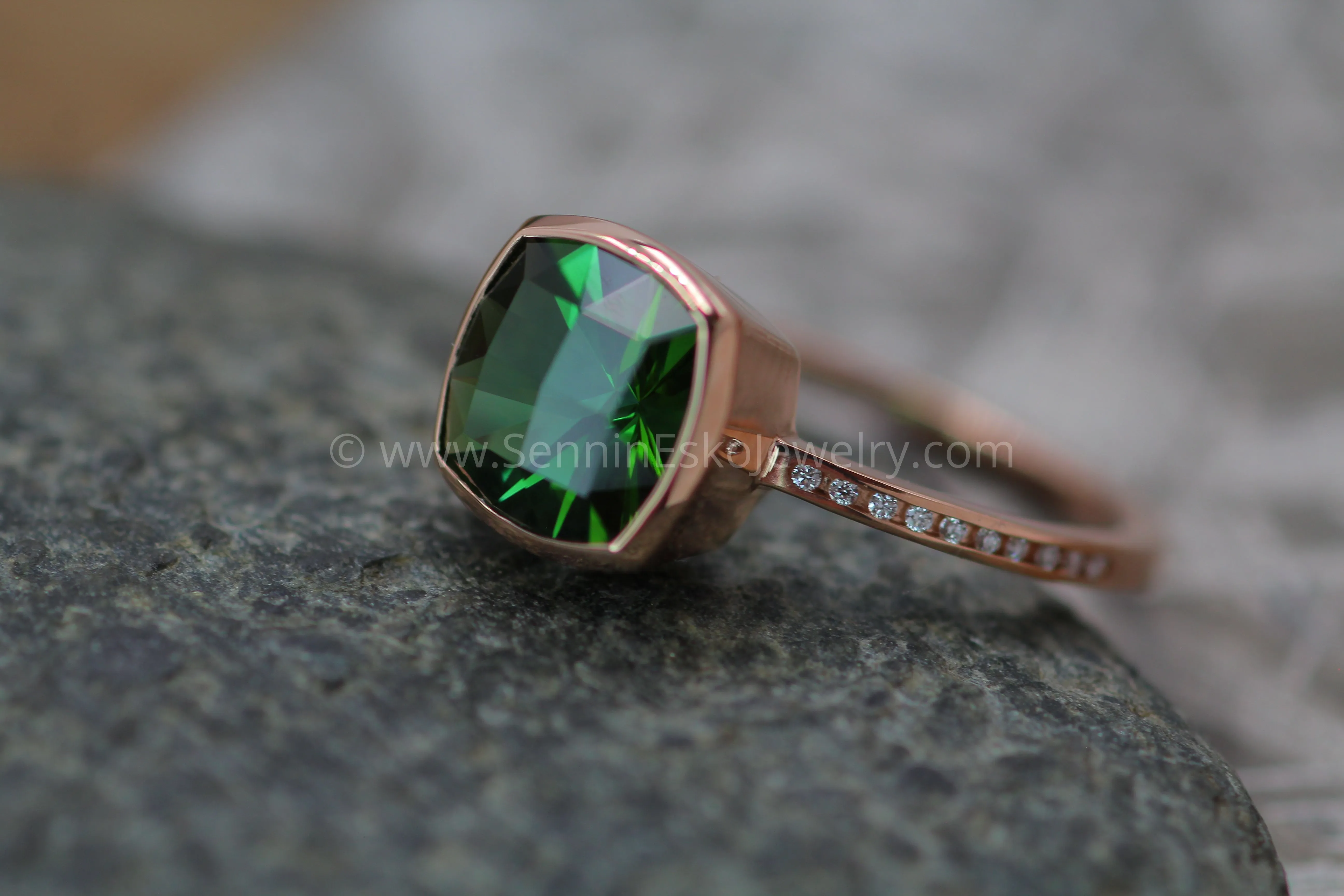 Diamond Channel Accented Rose Gold Bezel Ring Setting - Precision Cut Green Tourmaline Depicted (Setting Only, Center Stone Sold Separately)