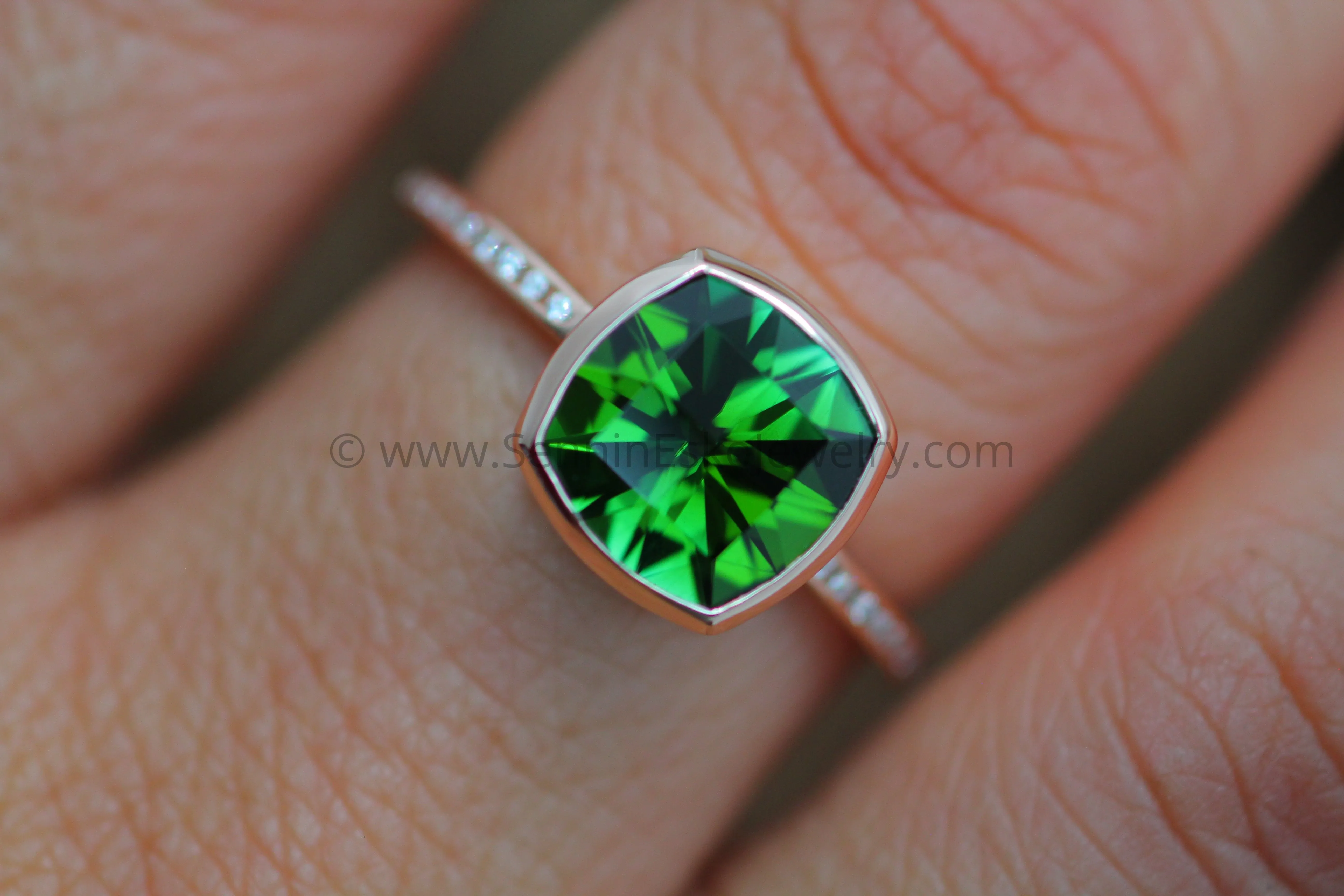 Diamond Channel Accented Rose Gold Bezel Ring Setting - Precision Cut Green Tourmaline Depicted (Setting Only, Center Stone Sold Separately)