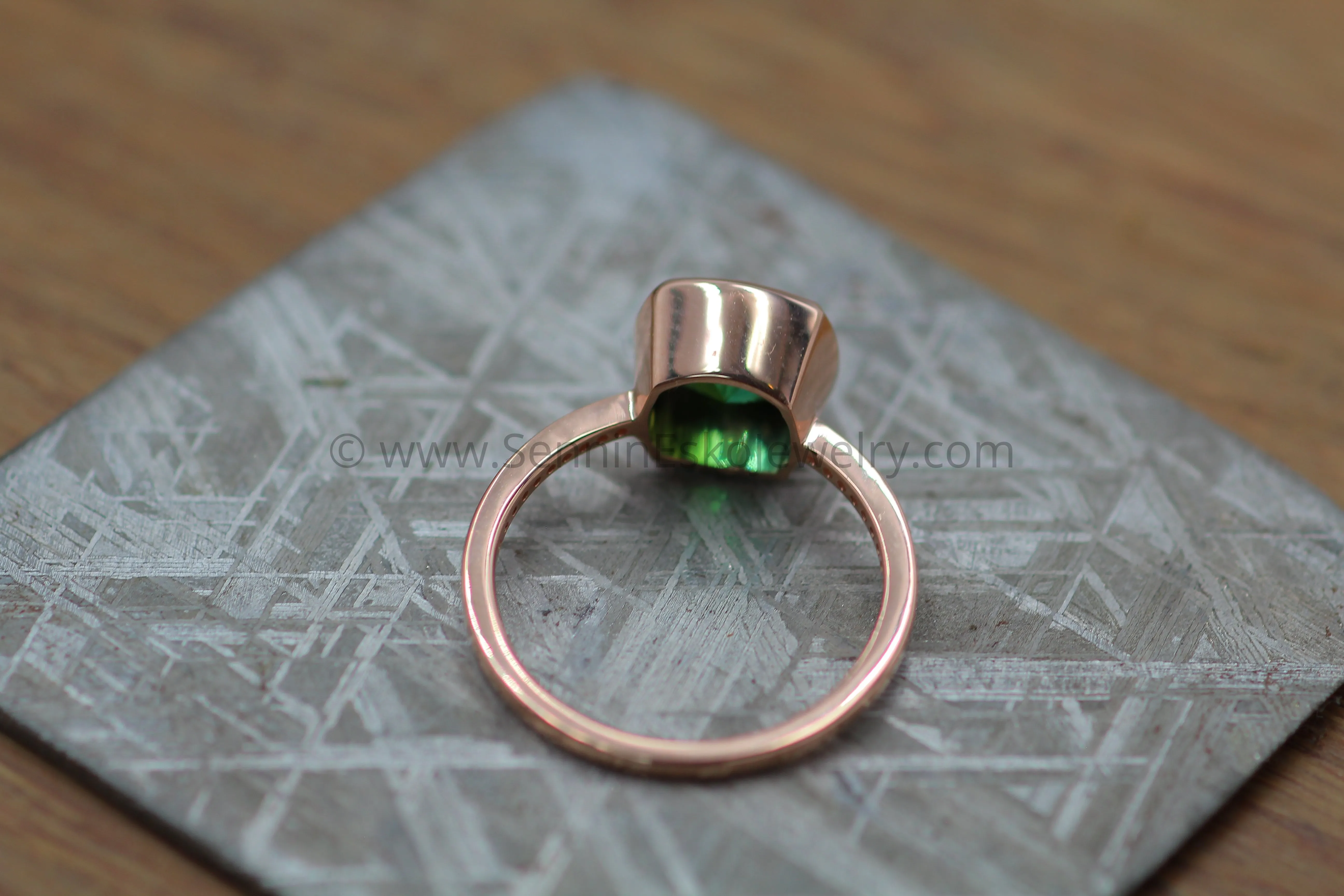 Diamond Channel Accented Rose Gold Bezel Ring Setting - Precision Cut Green Tourmaline Depicted (Setting Only, Center Stone Sold Separately)