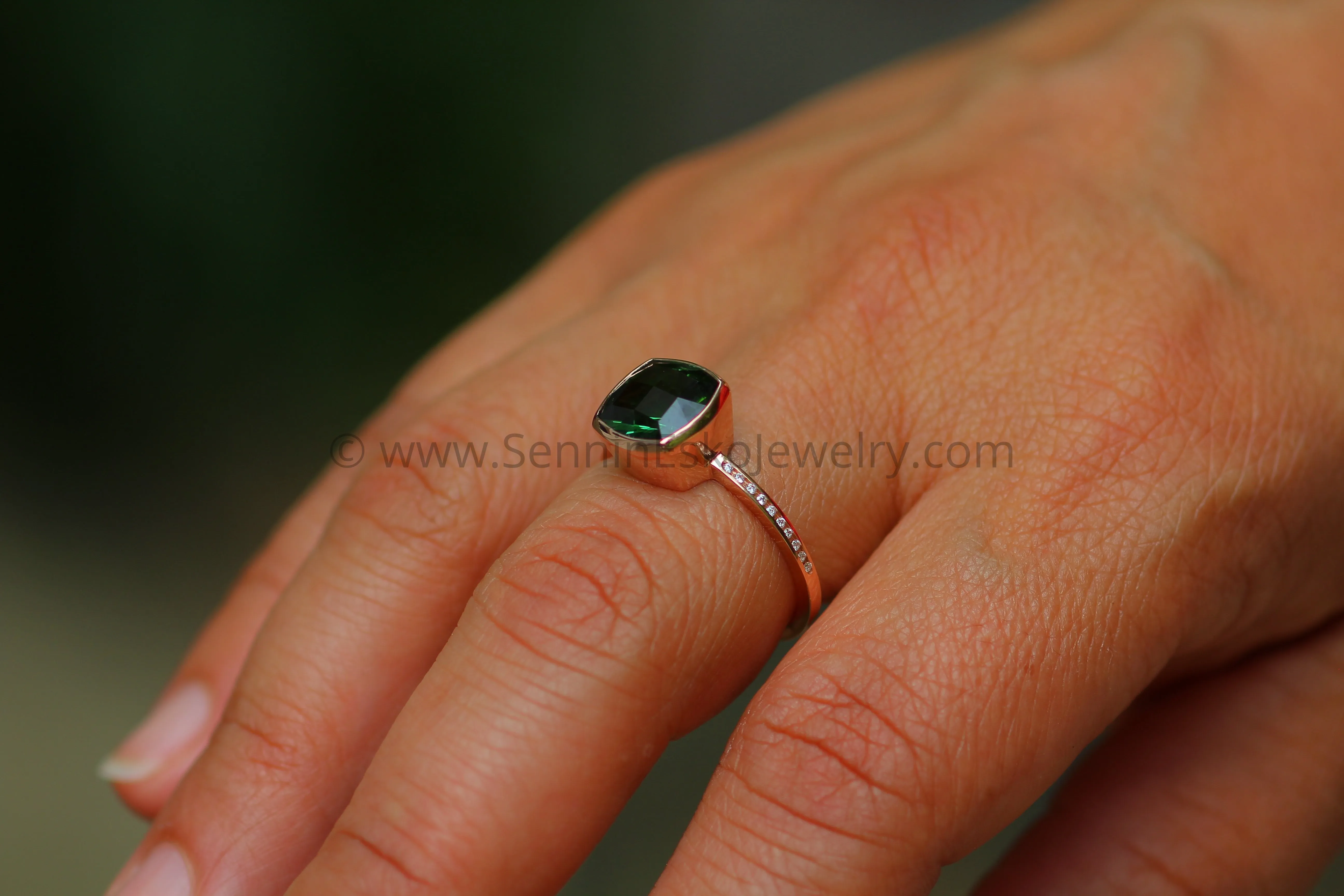 Diamond Channel Accented Rose Gold Bezel Ring Setting - Precision Cut Green Tourmaline Depicted (Setting Only, Center Stone Sold Separately)