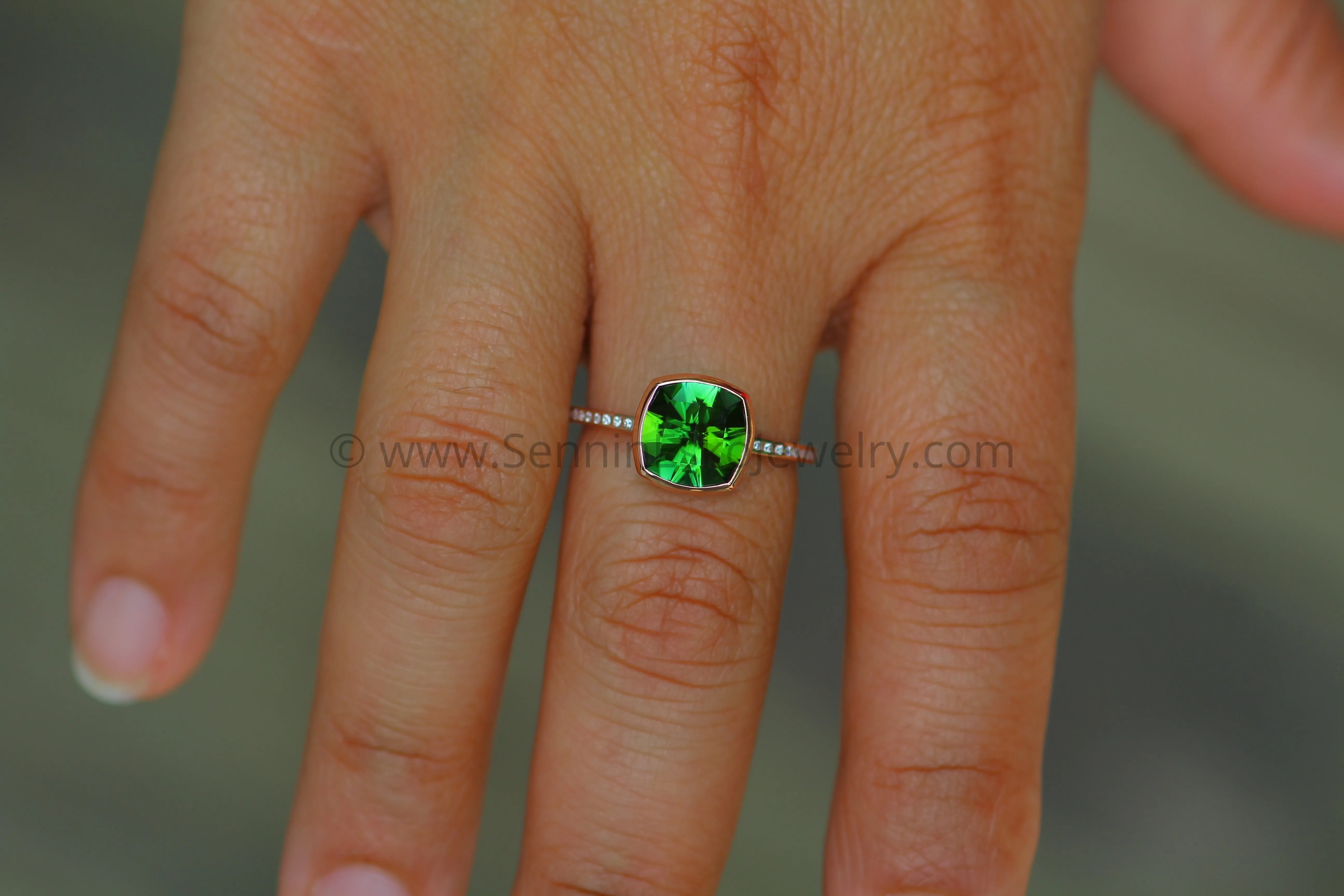 Diamond Channel Accented Rose Gold Bezel Ring Setting - Precision Cut Green Tourmaline Depicted (Setting Only, Center Stone Sold Separately)