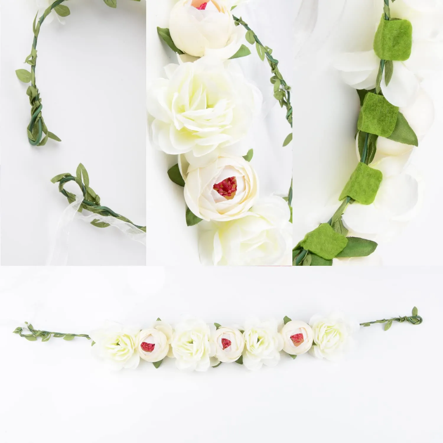 Flower Crown Rose Peony Garland Headband Hair Wreath Floral Headpiece with Adjustable Ribbon Wedding Festival Party (white)