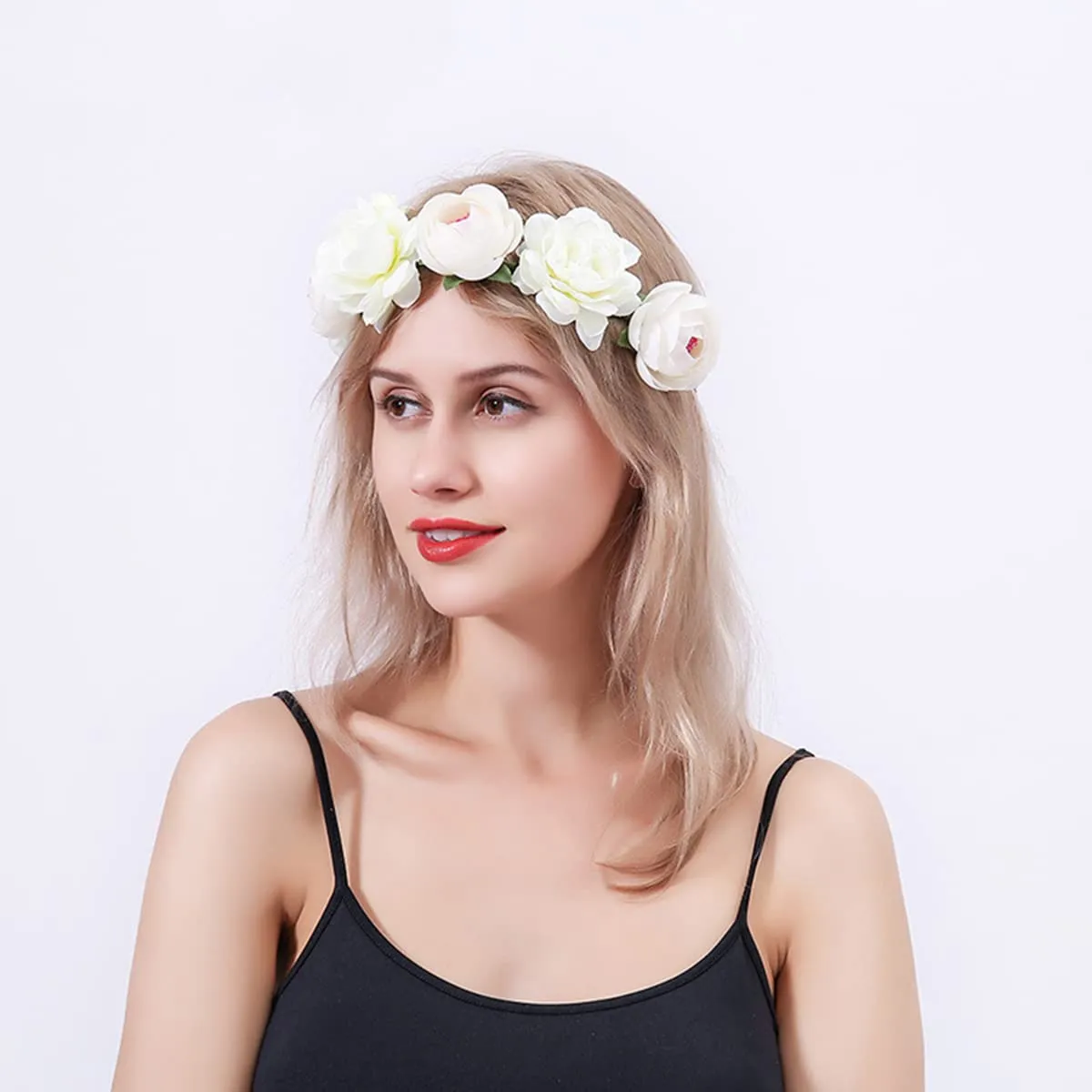 Flower Crown Rose Peony Garland Headband Hair Wreath Floral Headpiece with Adjustable Ribbon Wedding Festival Party (white)