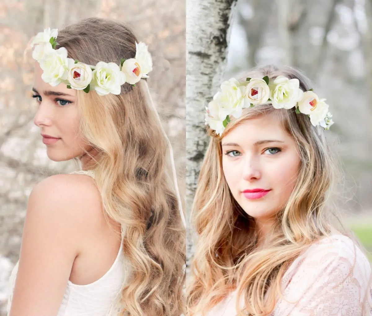 Flower Crown Rose Peony Garland Headband Hair Wreath Floral Headpiece with Adjustable Ribbon Wedding Festival Party (white)