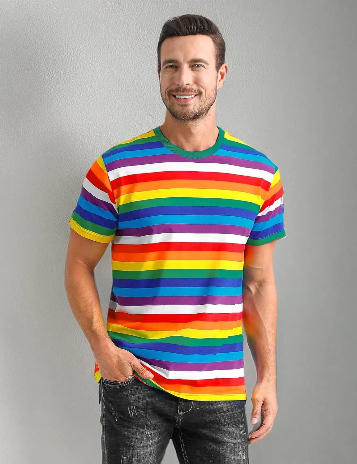 Funny World Men's Cotton Striped T-Shirt Crew Neck Short Sleeves Basic Casual Top