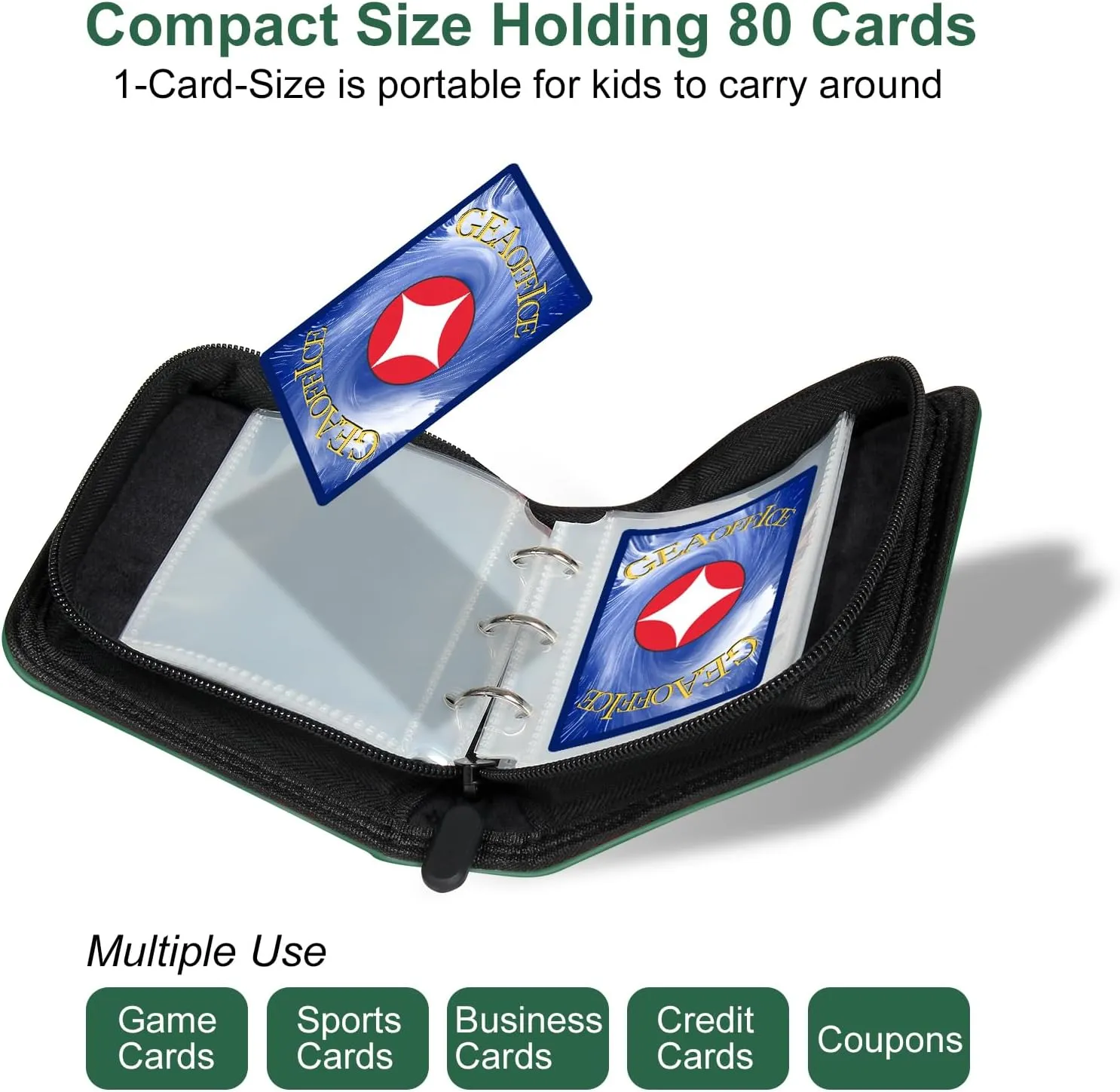 GEAoffice Mini Size Card Binder 1 Pocket, 80 Pockets Small Trading Card Album Book with 40 Removable Sleeves, 80 Top Loading Pockets Binder for TCG, MTG, Sports&Game Cards, Green