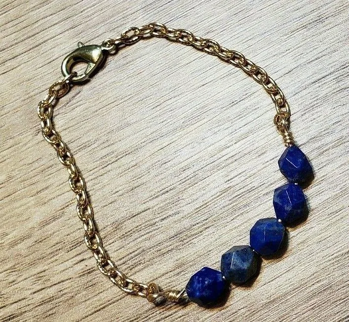 Hand Crafted Lapis Lazuli Gemstone & Gold Chain Bracelet.  Adjustable to 7.5" with Lobster Claw Clasp