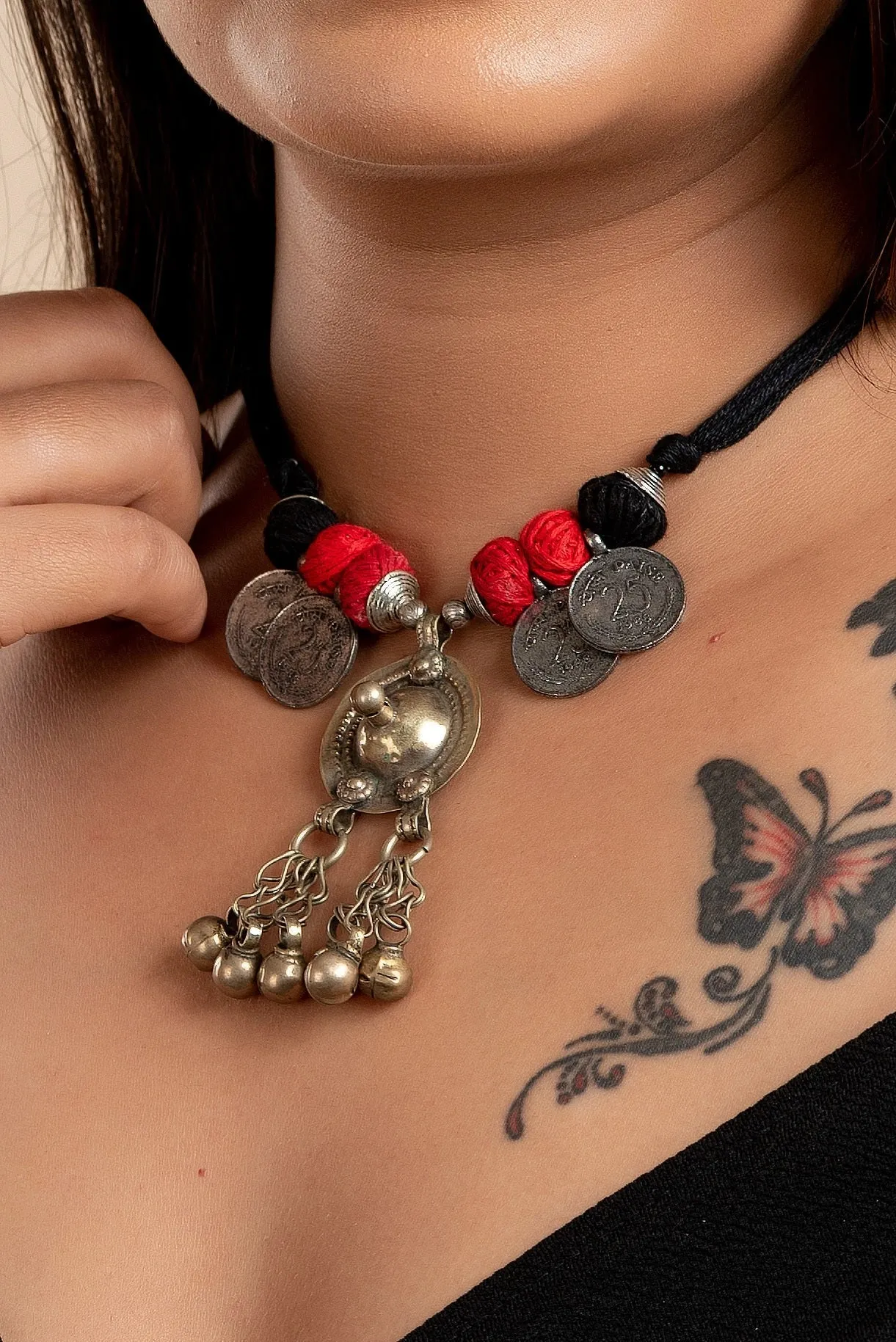 Handmade Afghan Jewelry Pendant Necklace With Red & Black Thread Beads, Adjustable Dori for Women