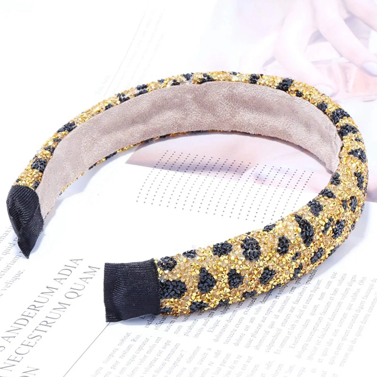 Handmade Leopard Print Headbands Rhinestone Fashionable Sponge Hairbands Crystal Beaded Wide Headpiece for Women Girls Hair Accessories (Gold)