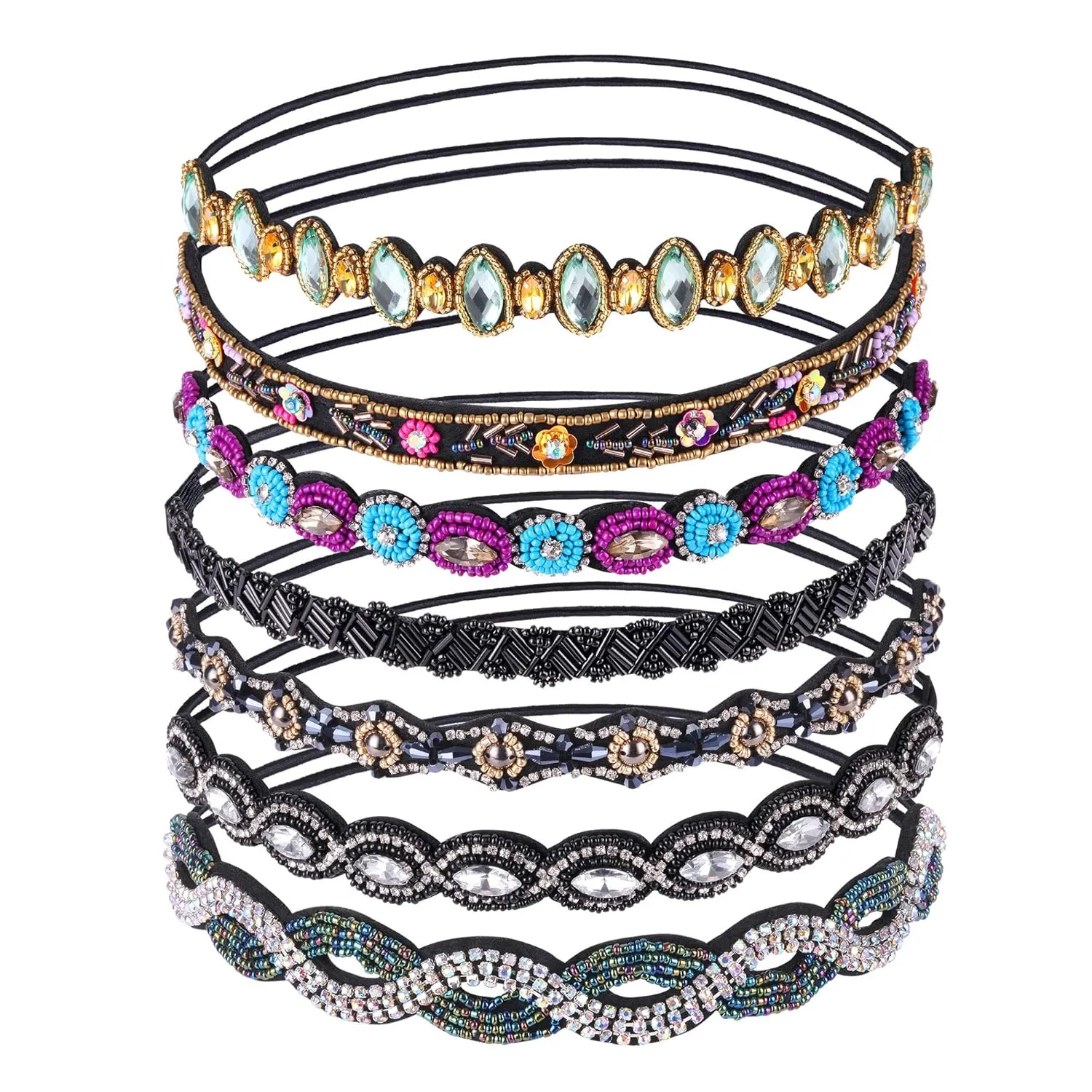 inSowni 7 Pack Handmade Rhinestone Crystal Beaded Elastic Headbands Jewelry Hair Bands Accessories for Women Girls Brides