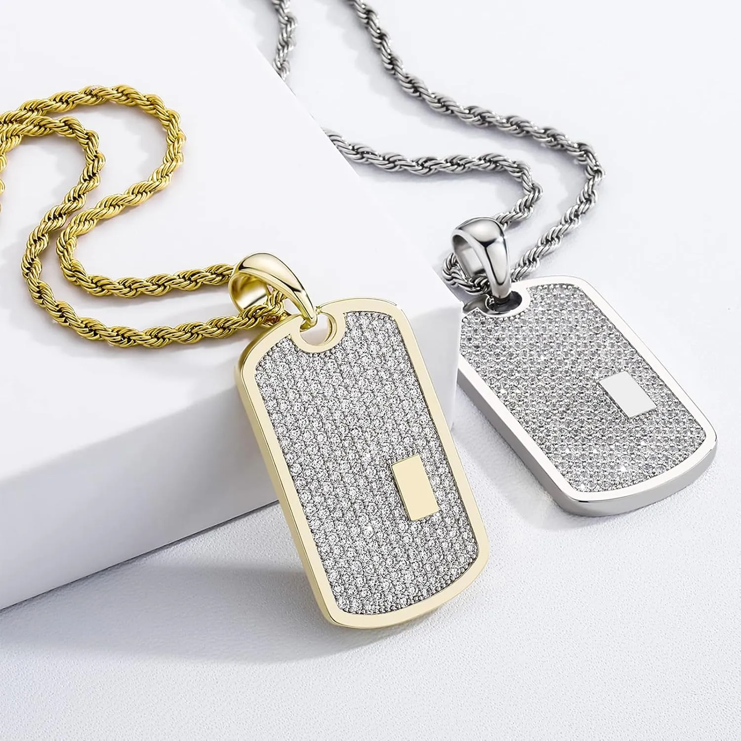 JINAO Personalized Iced Out Custom Dog Tag Pendant Necklace 14K Gold Plated Engrave Initial Pendant for Men Women with Cubic Zirconia Stone