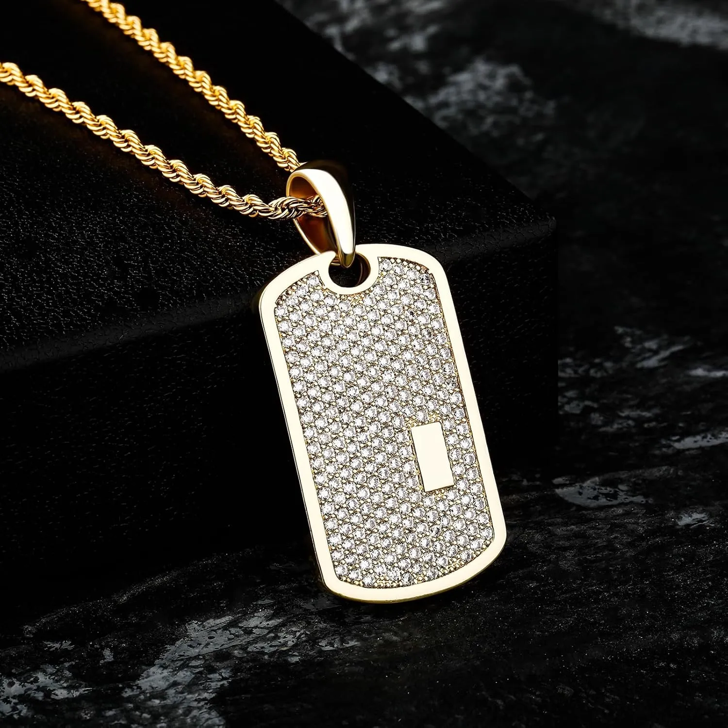 JINAO Personalized Iced Out Custom Dog Tag Pendant Necklace 14K Gold Plated Engrave Initial Pendant for Men Women with Cubic Zirconia Stone