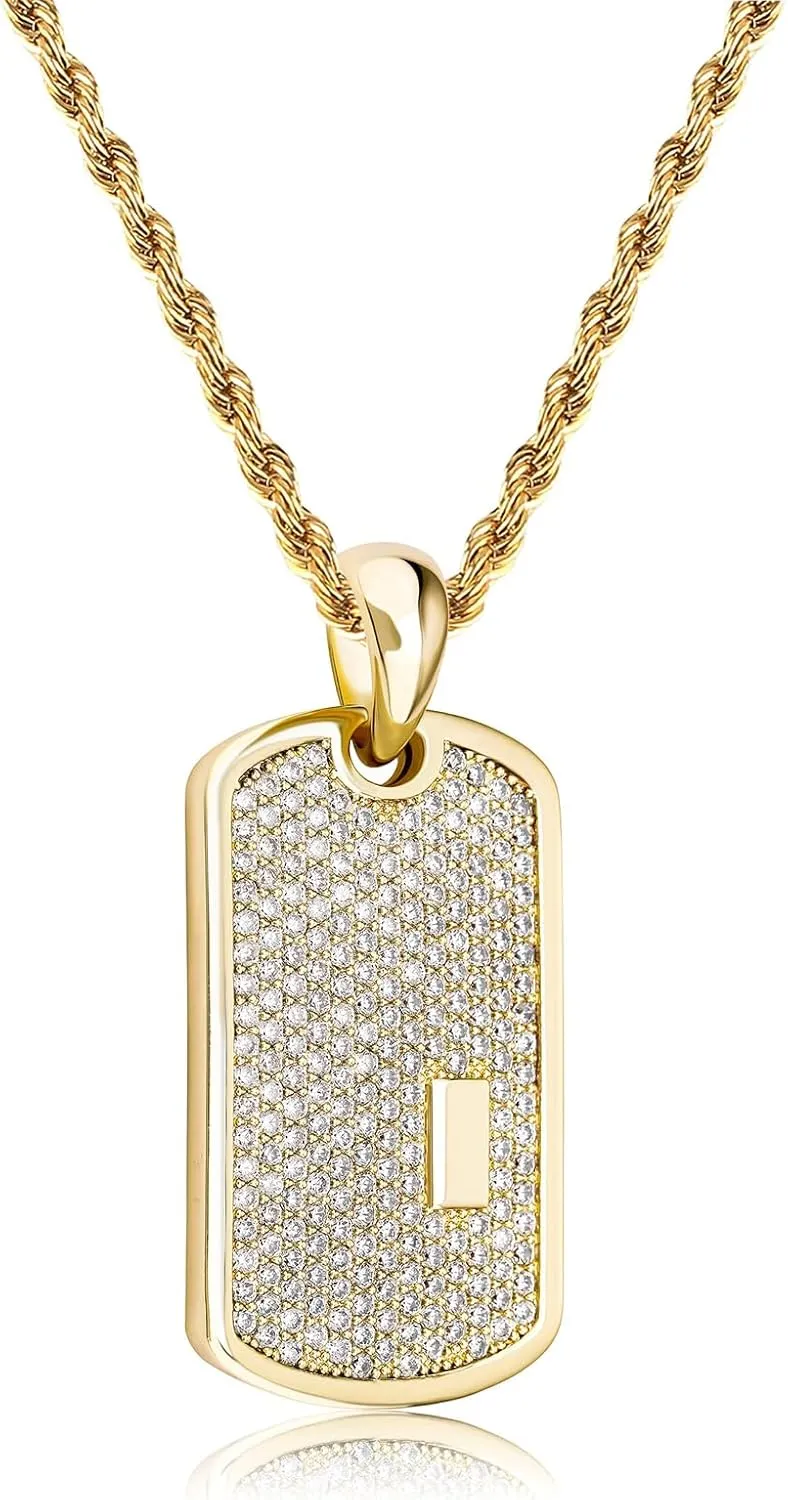 JINAO Personalized Iced Out Custom Dog Tag Pendant Necklace 14K Gold Plated Engrave Initial Pendant for Men Women with Cubic Zirconia Stone
