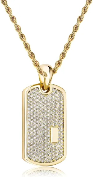 JINAO Personalized Iced Out Custom Dog Tag Pendant Necklace 14K Gold Plated Engrave Initial Pendant for Men Women with Cubic Zirconia Stone