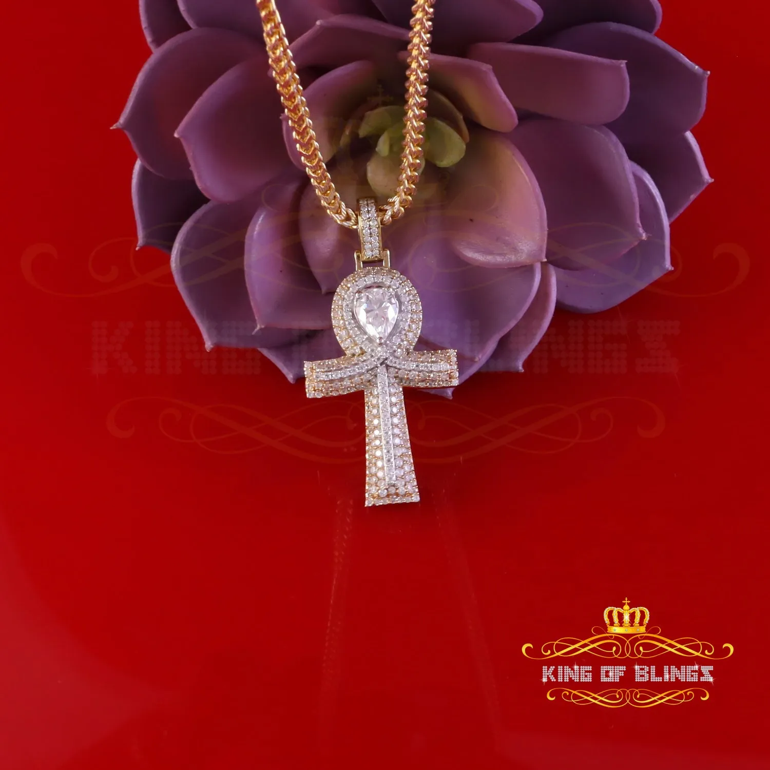 King Of Bling's 4.00ct VVS D Moissanite Yellow Center stone Pear Silver Charm Ankh Mens Pendant