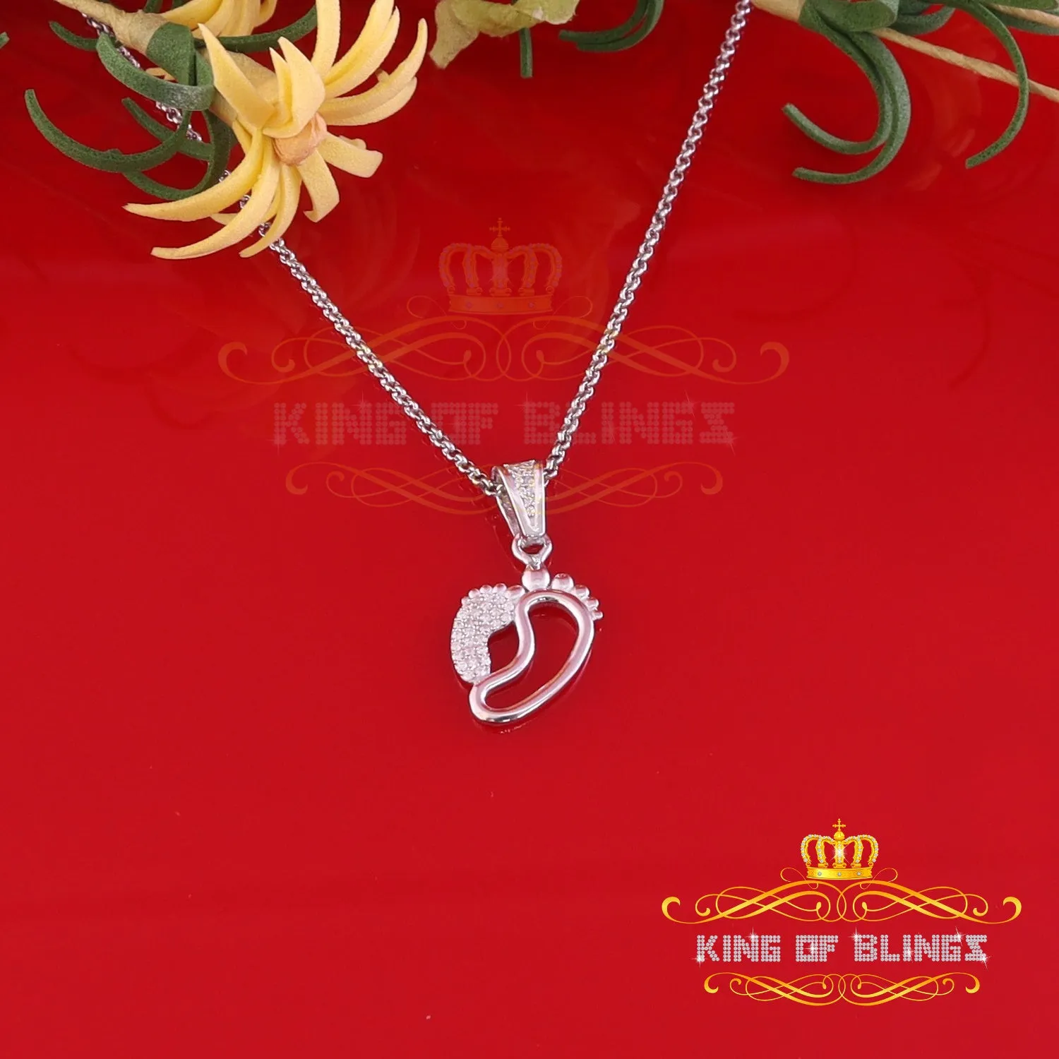 King Of Bling's First step Baby Feet Mother & Child Silver White 0.36ct Cubic Zirconia Pendant