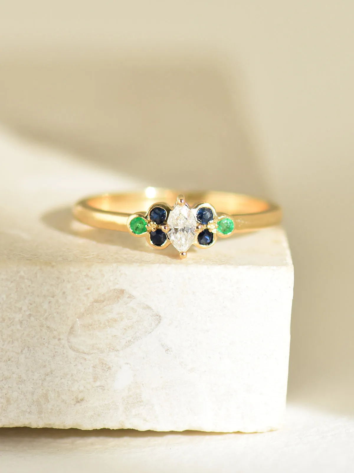 Kunda Ring | Diamond, Blue Sapphires & Emeralds | 9k Gold
