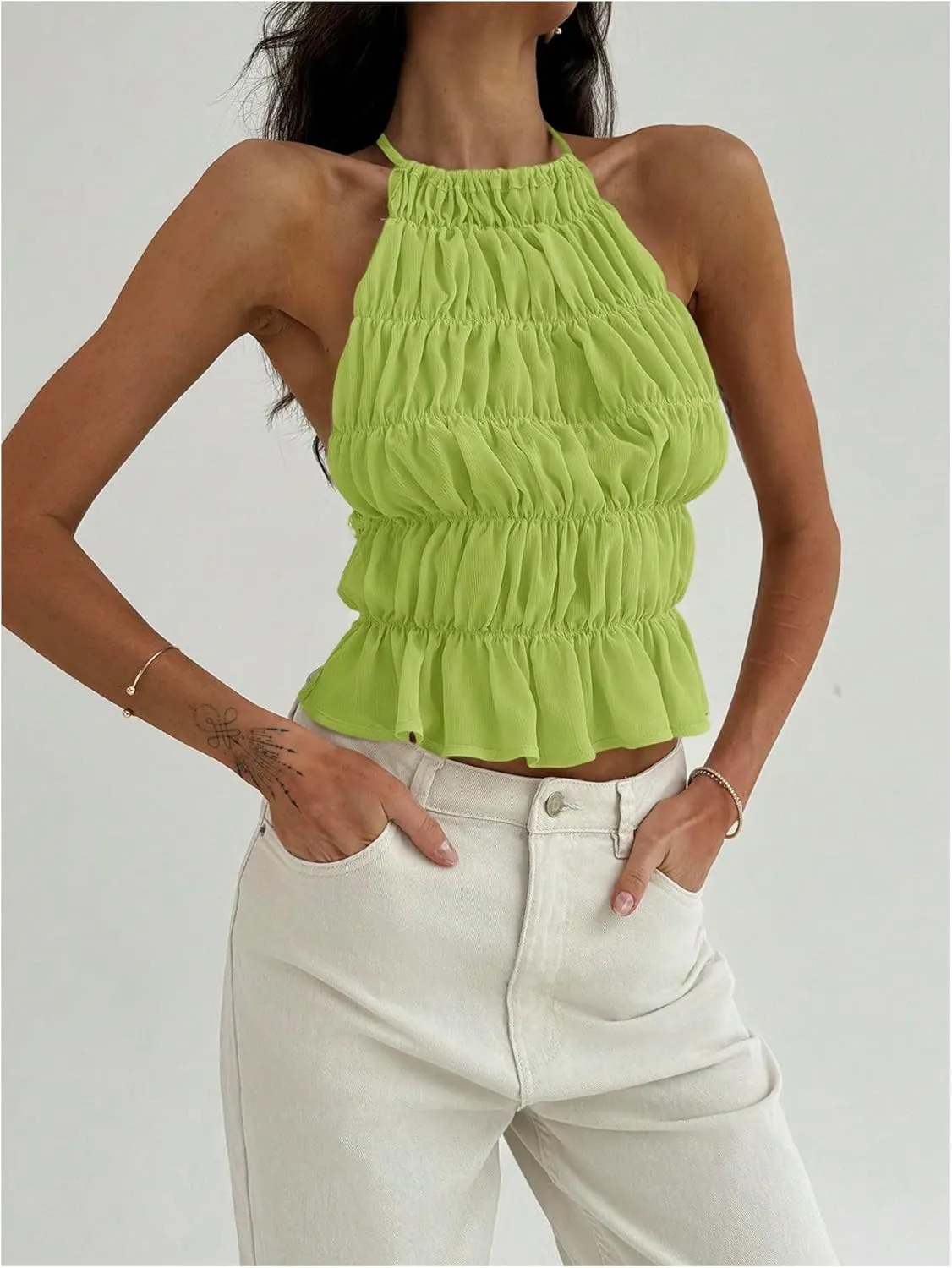 MakeMeChic Women's Ruffle Layered Halter Top Sleeveless Tie Back Y2K Crop Tops