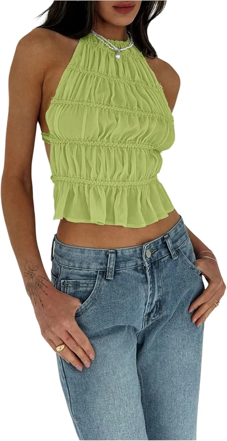 MakeMeChic Women's Ruffle Layered Halter Top Sleeveless Tie Back Y2K Crop Tops