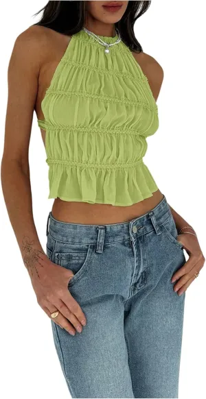 MakeMeChic Women's Ruffle Layered Halter Top Sleeveless Tie Back Y2K Crop Tops