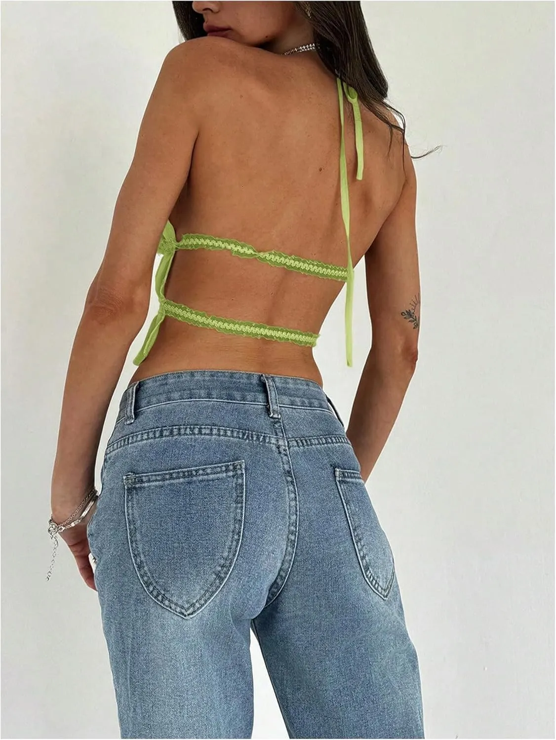 MakeMeChic Women's Ruffle Layered Halter Top Sleeveless Tie Back Y2K Crop Tops
