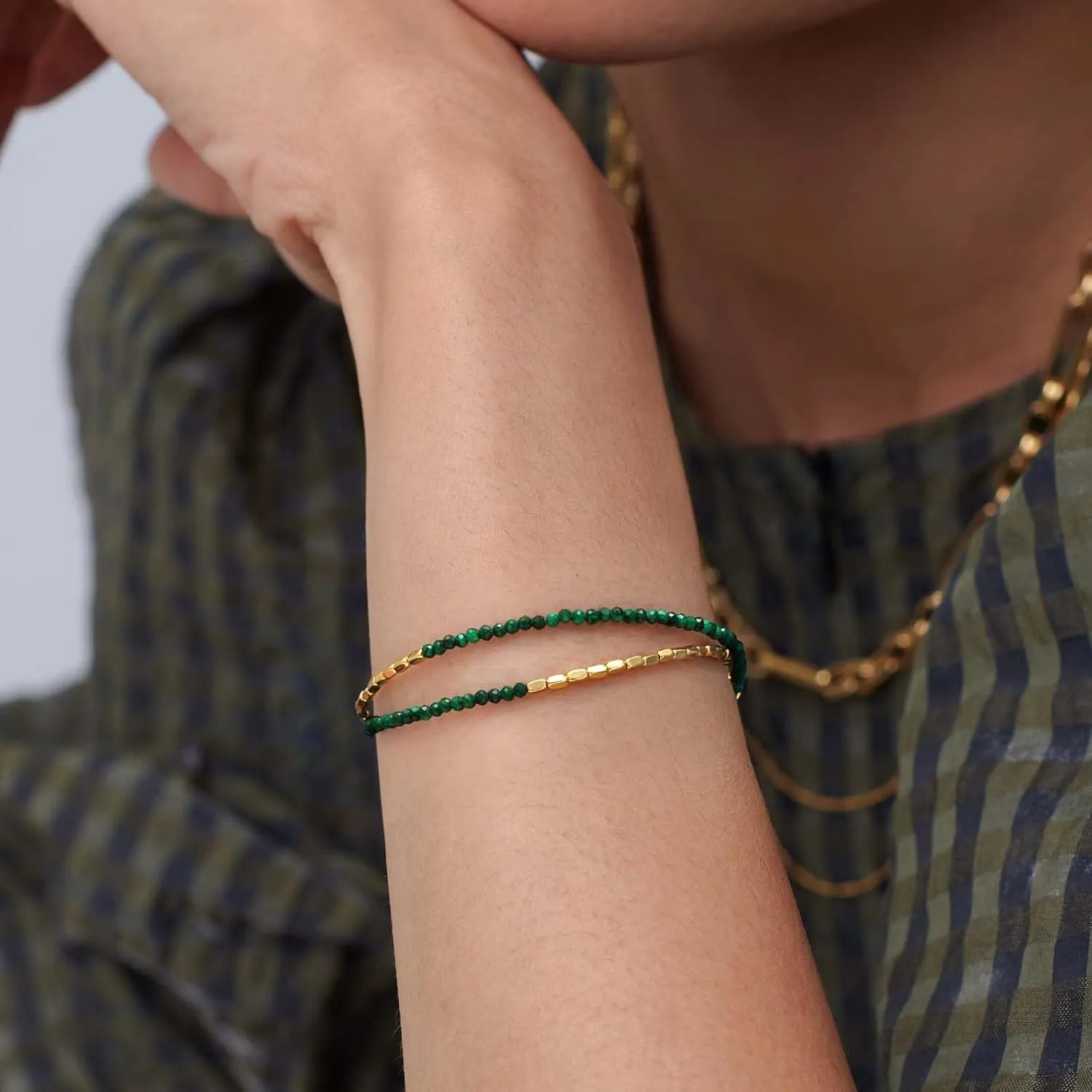 MEVECCO Bead Bracelet for Women Layered Stone Mixed Bracelets 18K Gold Plated Handmade Custom Beaded Charm Chain Bracelet Stack Jewelry Gifts