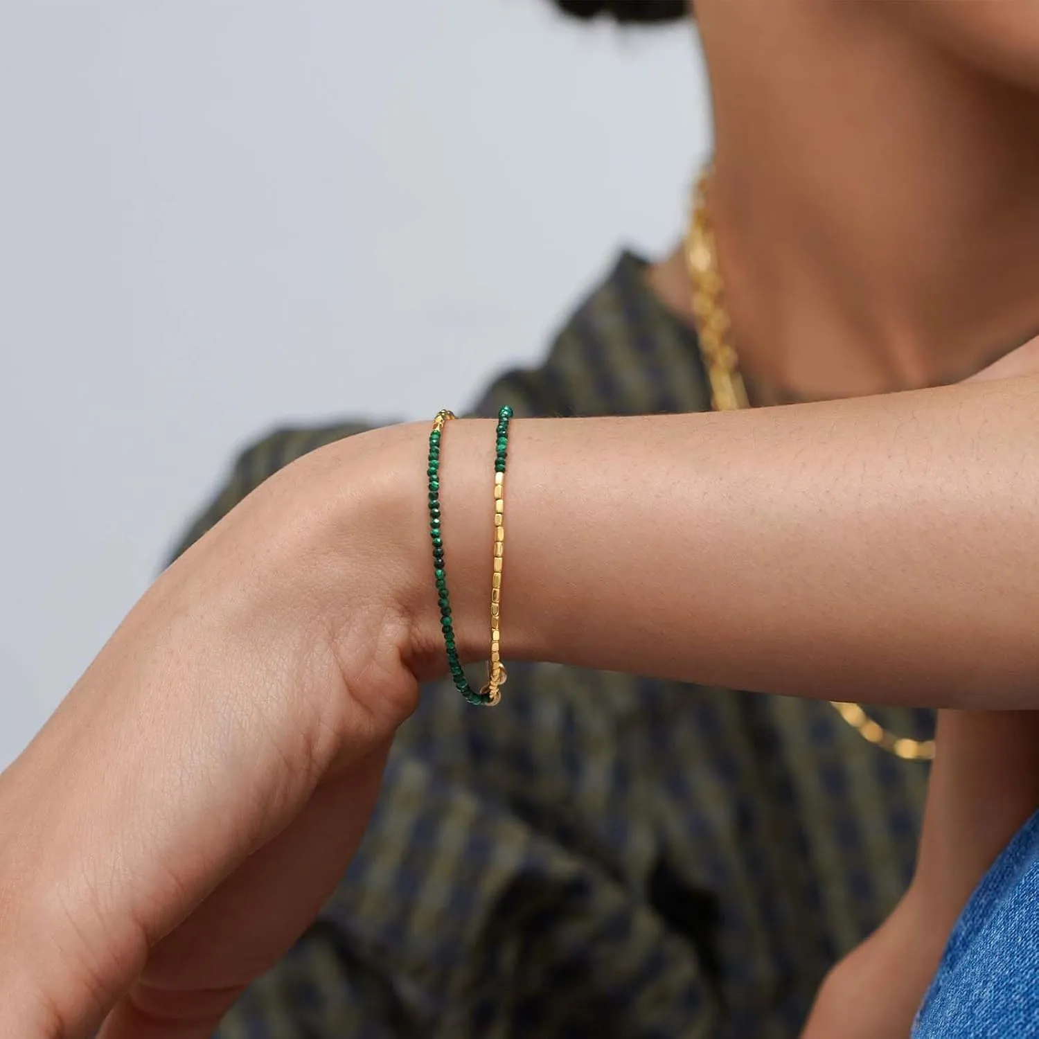 MEVECCO Bead Bracelet for Women Layered Stone Mixed Bracelets 18K Gold Plated Handmade Custom Beaded Charm Chain Bracelet Stack Jewelry Gifts
