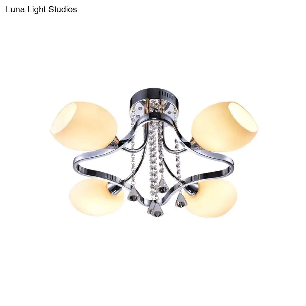 Modern Chrome Dome Bedroom Ceiling Light with White Glass and 4 Lights
