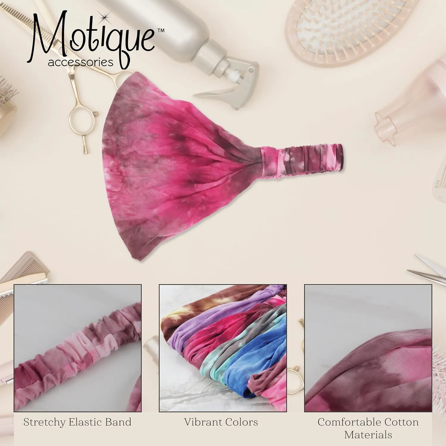 Motique Accessories Pink Stretchy Headwrap Tye Dye Boho Wide Hair Band Yoga