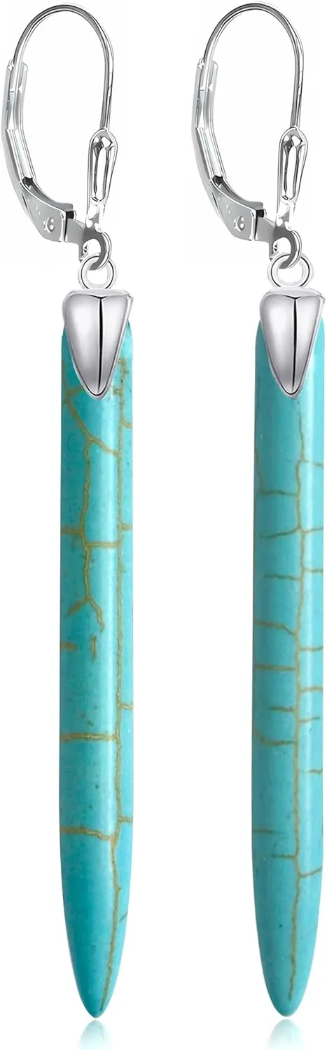 Natural Real Genuine Column Vertical Bar Turquoise Stone Earrings,Simple Dainty Long Single Gemstone Quartz Crystal Stone Western Statement Dangle Drop Earrings for Women