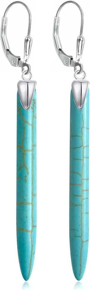 Natural Real Genuine Column Vertical Bar Turquoise Stone Earrings,Simple Dainty Long Single Gemstone Quartz Crystal Stone Western Statement Dangle Drop Earrings for Women
