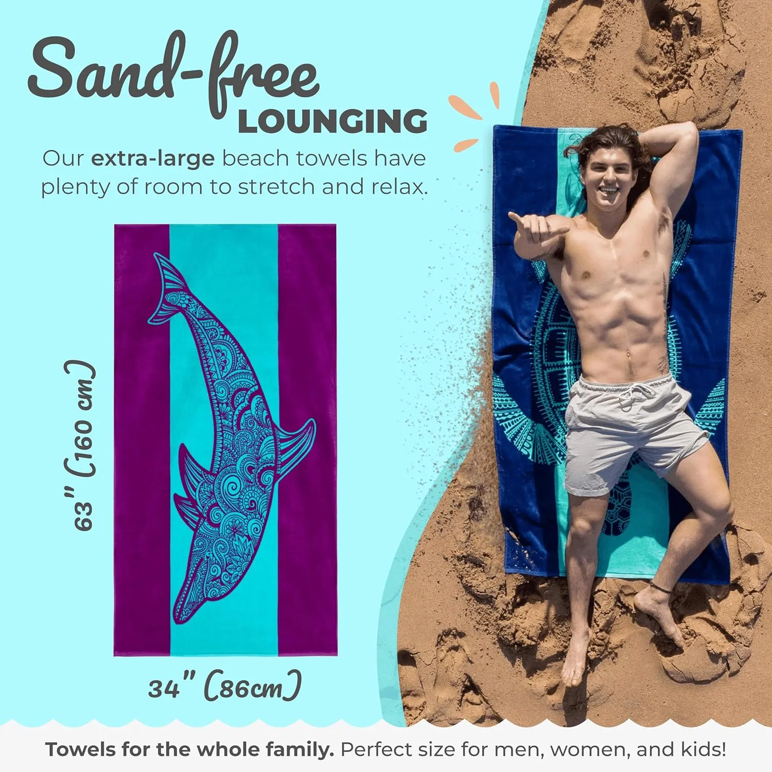 Nova Blue Dolphin Beach Towel  Tropical Blue & Purple Colors with A Unique Design, Extra Large, XL, Pool Towels (34x 63) Made from 100% Cotton