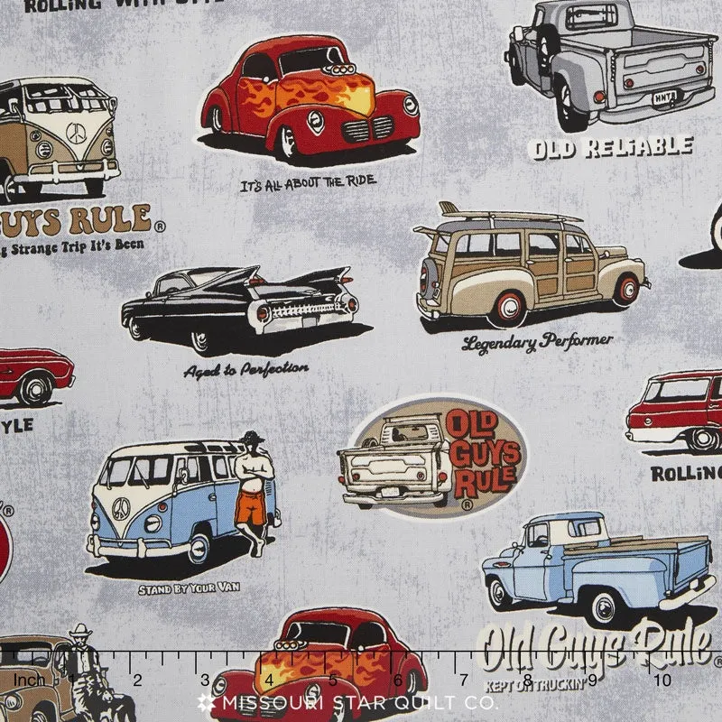 Old Guys Rule - Cars Classic Cars Charcoal Yardage