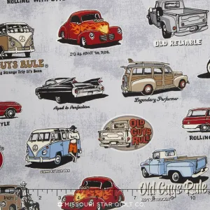 Old Guys Rule - Cars Classic Cars Charcoal Yardage
