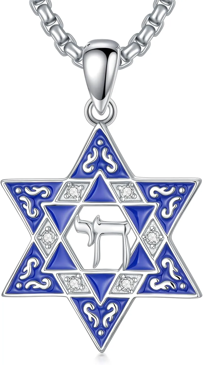 PELOVNY Star of David Necklace for Men Women 925 Sterling Silver Evil Eye/Tree of Life/Cross/Lion/Chai Necklace Jewish Star Protection Pendant Jewelry Gifts